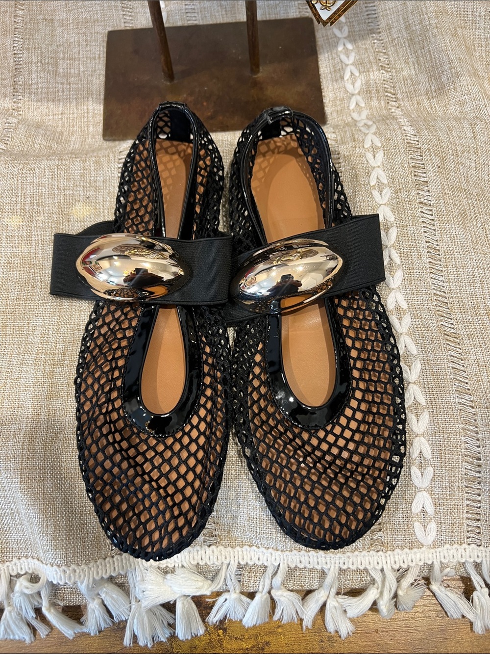 Black Mesh Bow Ballet Flats with Silver Accent